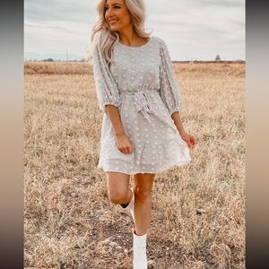 Romantic mid calf puff ball dress in soft grey